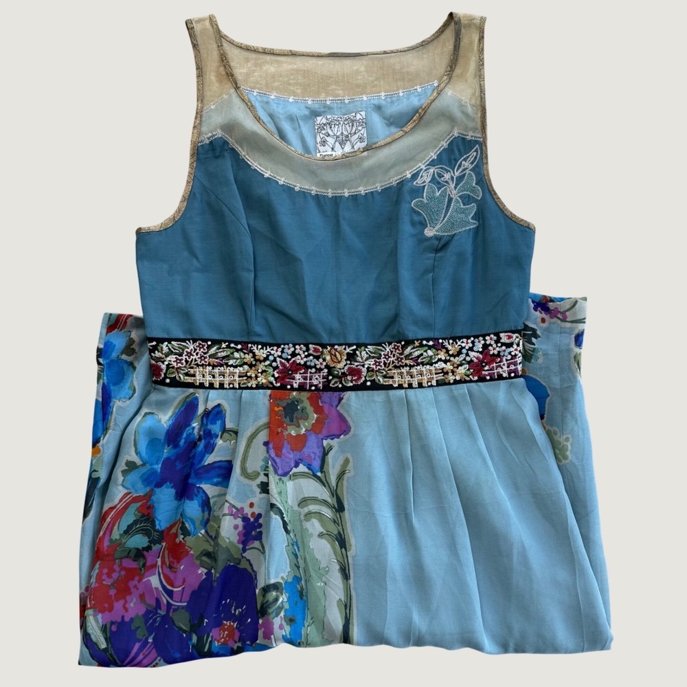 Anthropologie Floreat Floral Embroidered Dress Women XS Blue Cottagecore Silk